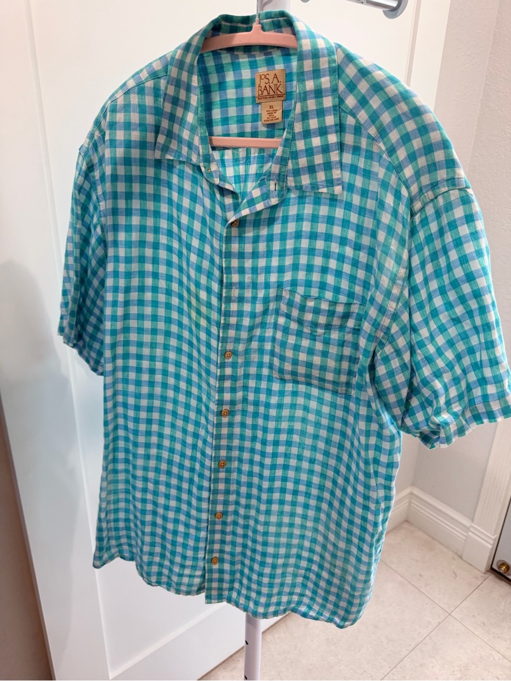 Jos A Bank Men’s XL 100% Linen Aqua Blue Gingham Shirt